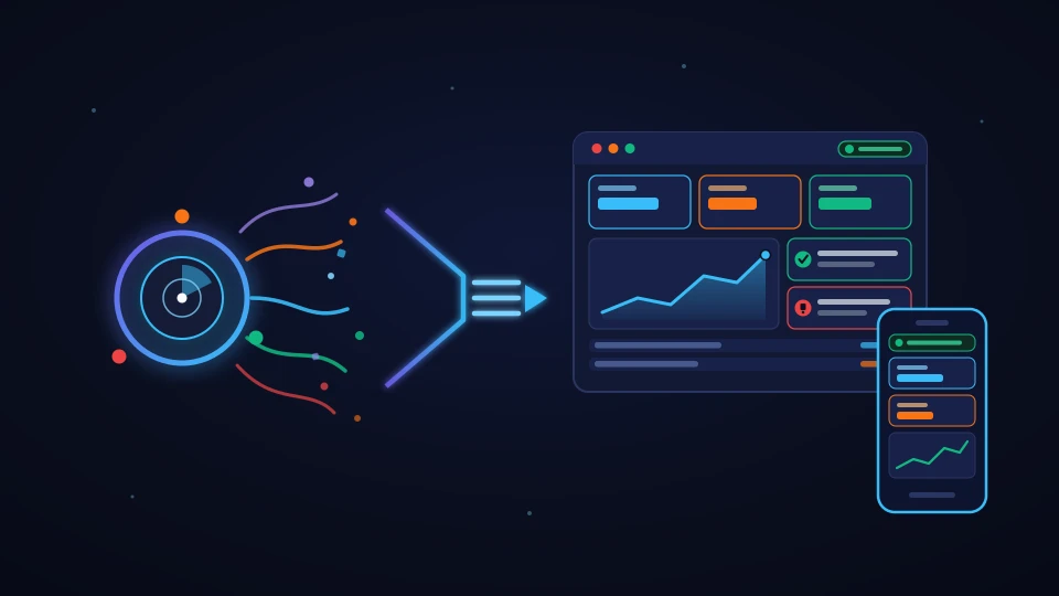An AI Agent node emits scattered colorful signals that get organised into a clear dashboard with cards, a chart, a recommendation and a sync status — on desktop and mobile