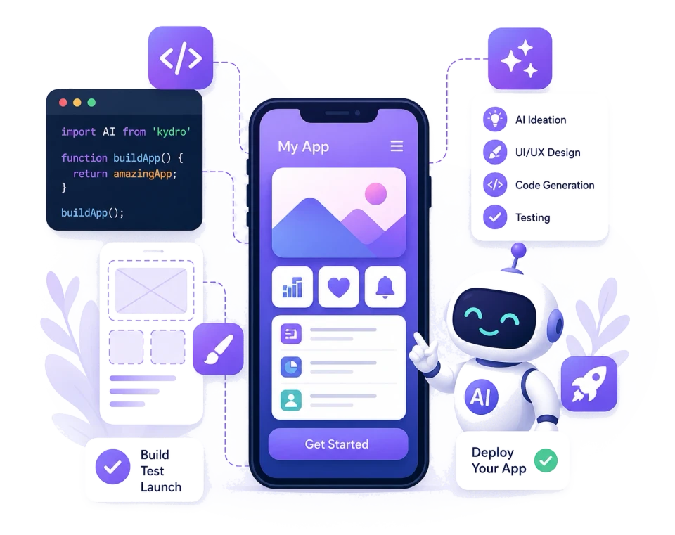 A phone with an app being built, surrounded by screens, code and an AI robot