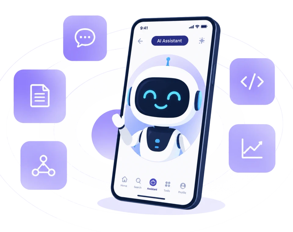 An AI assistant on a phone screen, surrounded by icons for documents, conversations and data