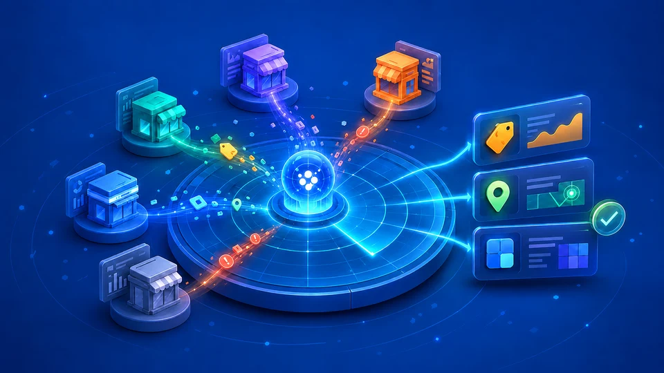 A radar at the center of a 3D board gathers colorful signals from nearby businesses and organizes them into three clear result cards