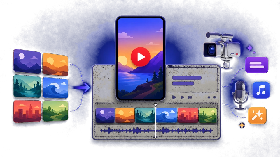 Short-video creation screen with a camera, microphone and editing timeline
